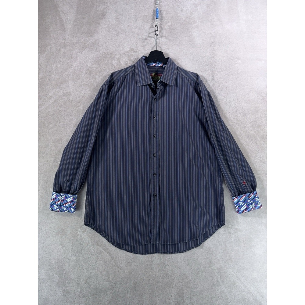 Robert Graham Button Down Shirt Mens XL Blue Striped Flip Cuff Paisley‎ Cotton